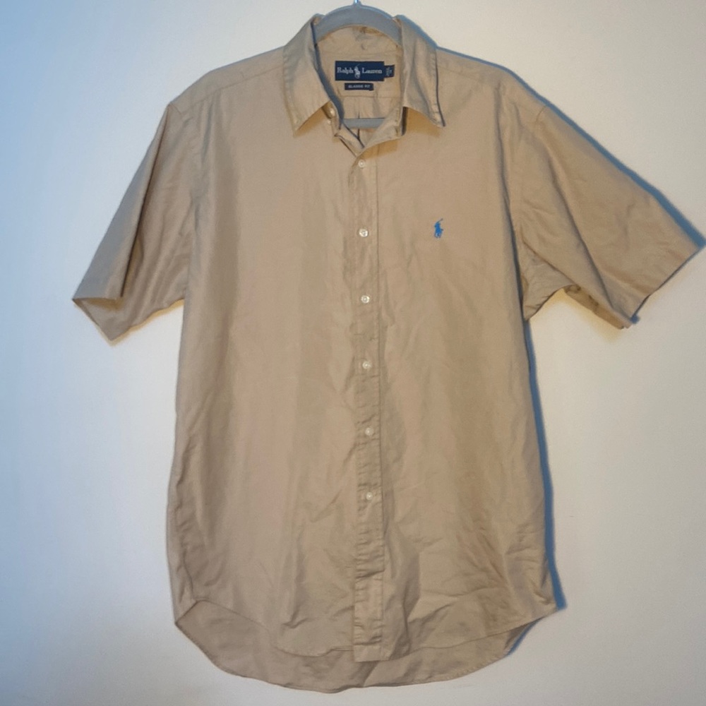 Ralph Lauren Blue Label Classic Fit Short Sleeve Button Down Tee Size M Beige